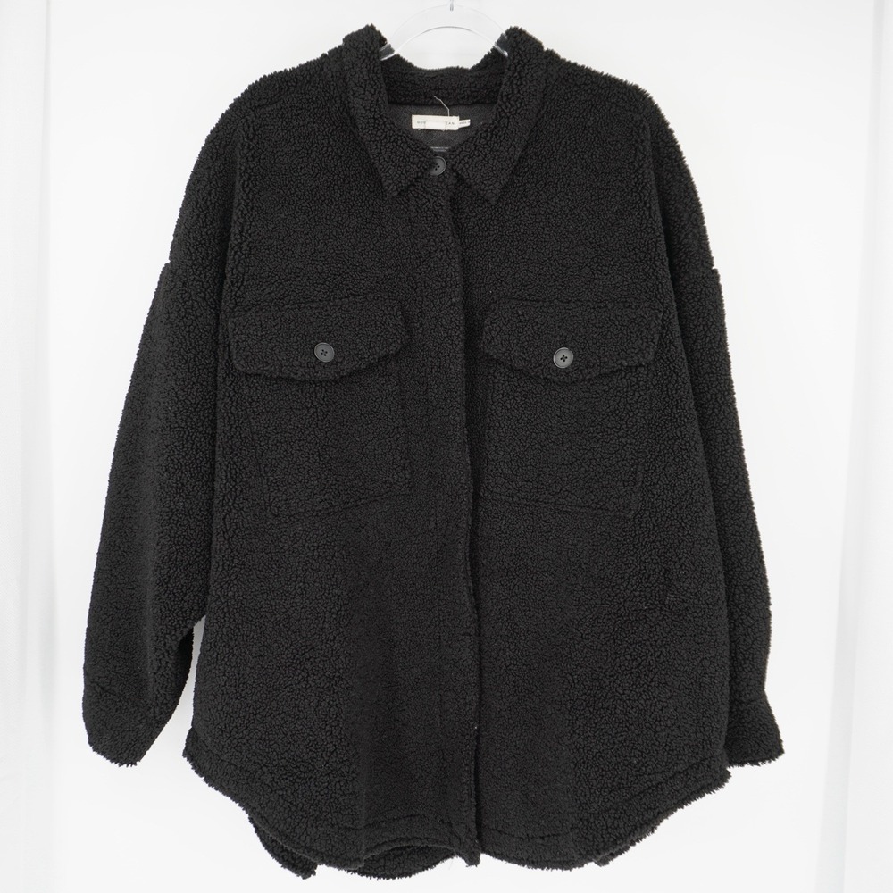Good American Sherpa Shacket Jacket Midnight Black size 5/6 Faux Leather - Picture 4 of 13